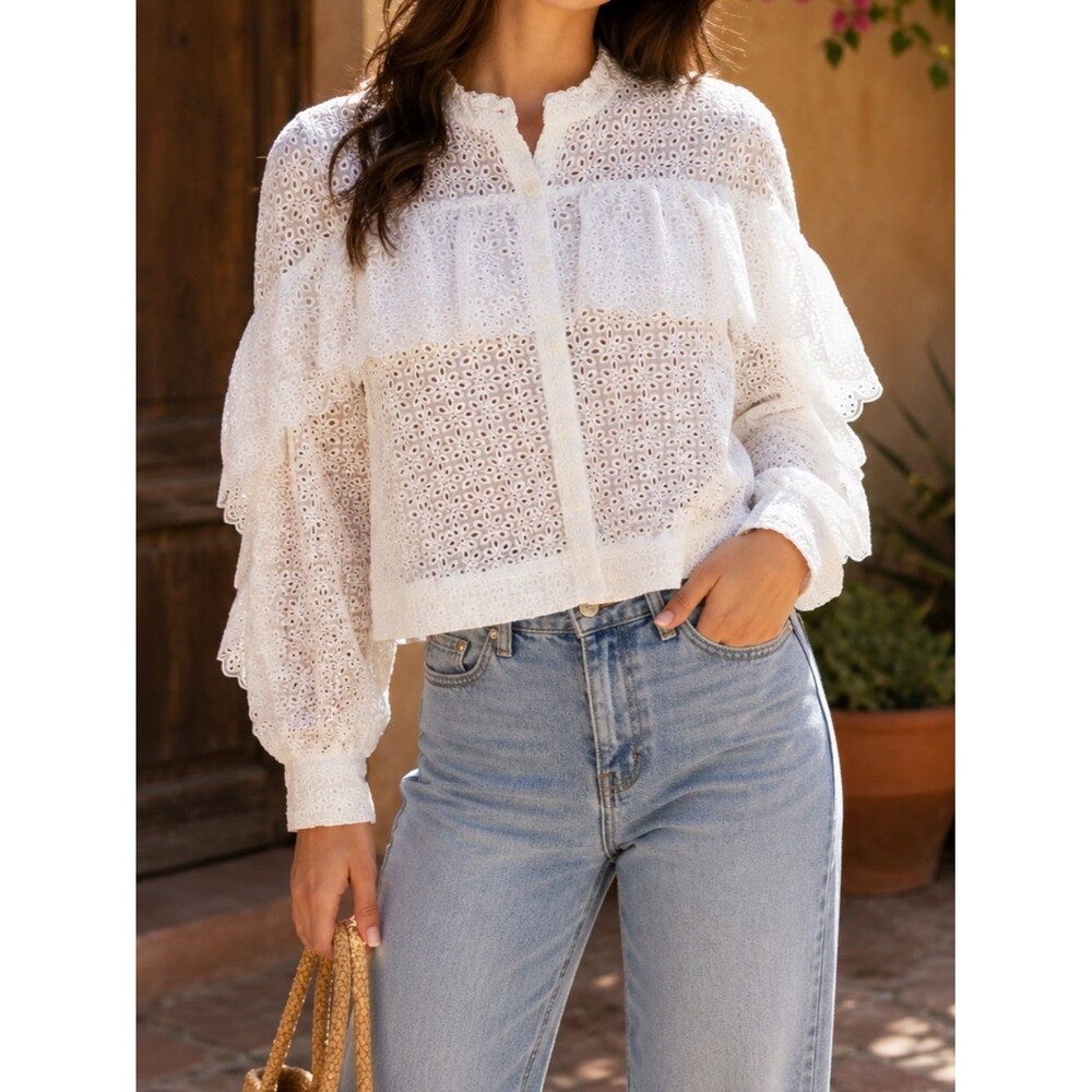 Self Portrait Eyelet Embroidered Top Blouse Long Sleeve Ruffle Floral White 6